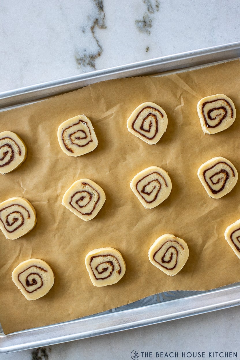 Overhead photo of pre-baked cinnamon roll cookies