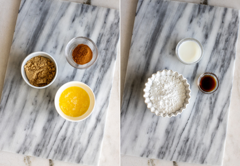 Diptich of ingredients for cinnamon roll cookies