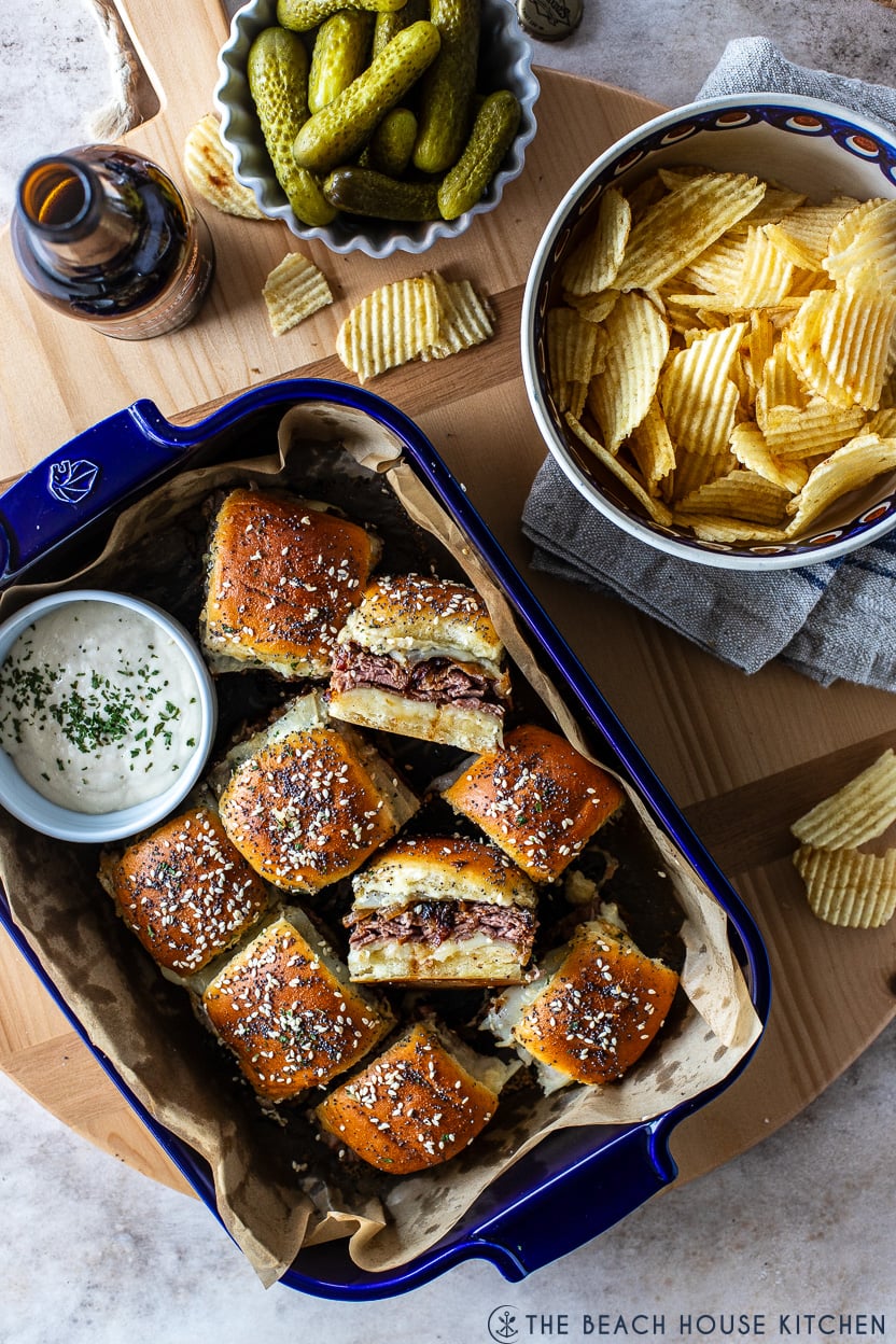 Overhead photo of Roast Beef Sliders with Caramelized Onions and Horseradish Sauce
