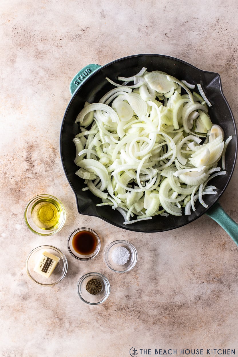 Overhead photo of ingredients for caramelized onions