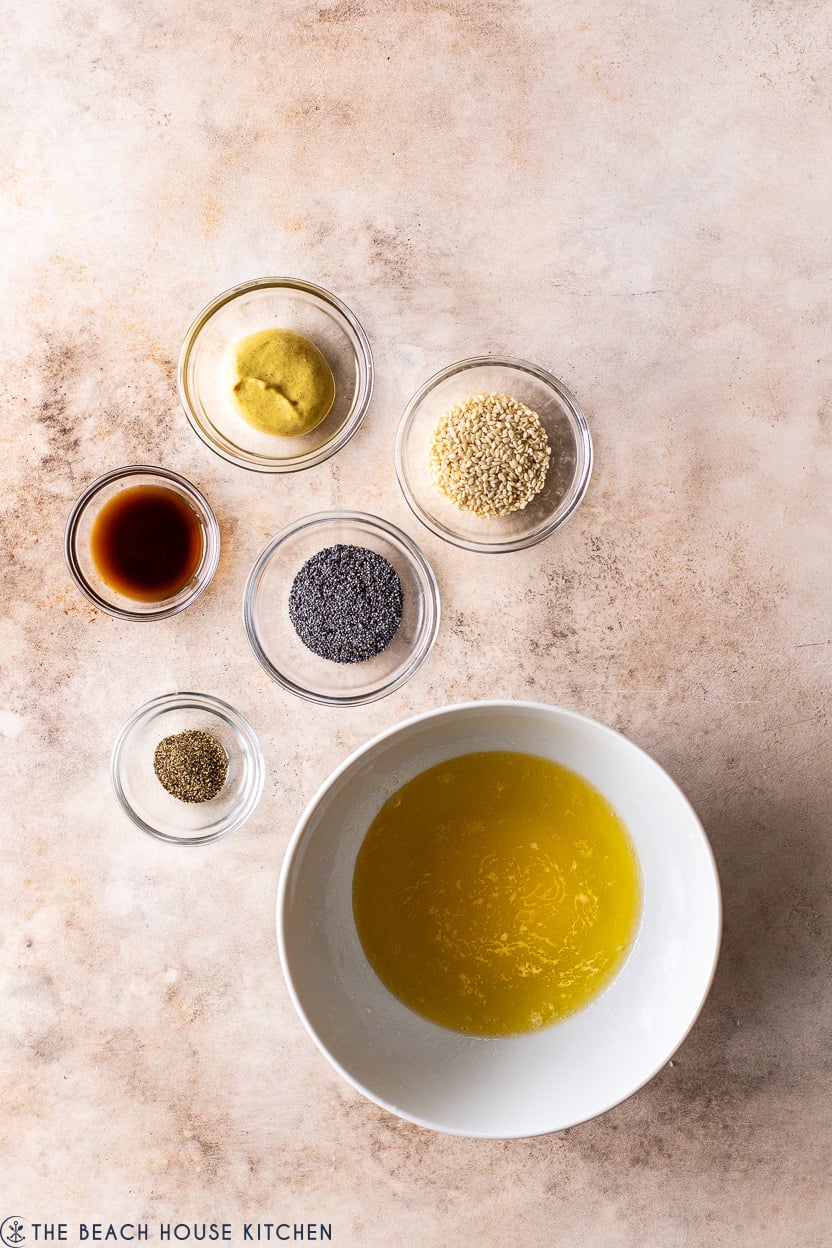 Overhead photo of ingreidnets in small bowls for a butter sauce