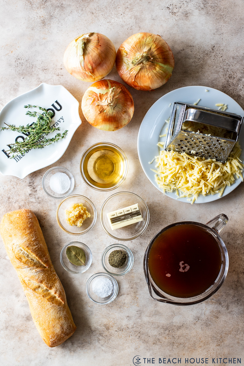 Overhead photo of ingredients for slow cooker French onion soup