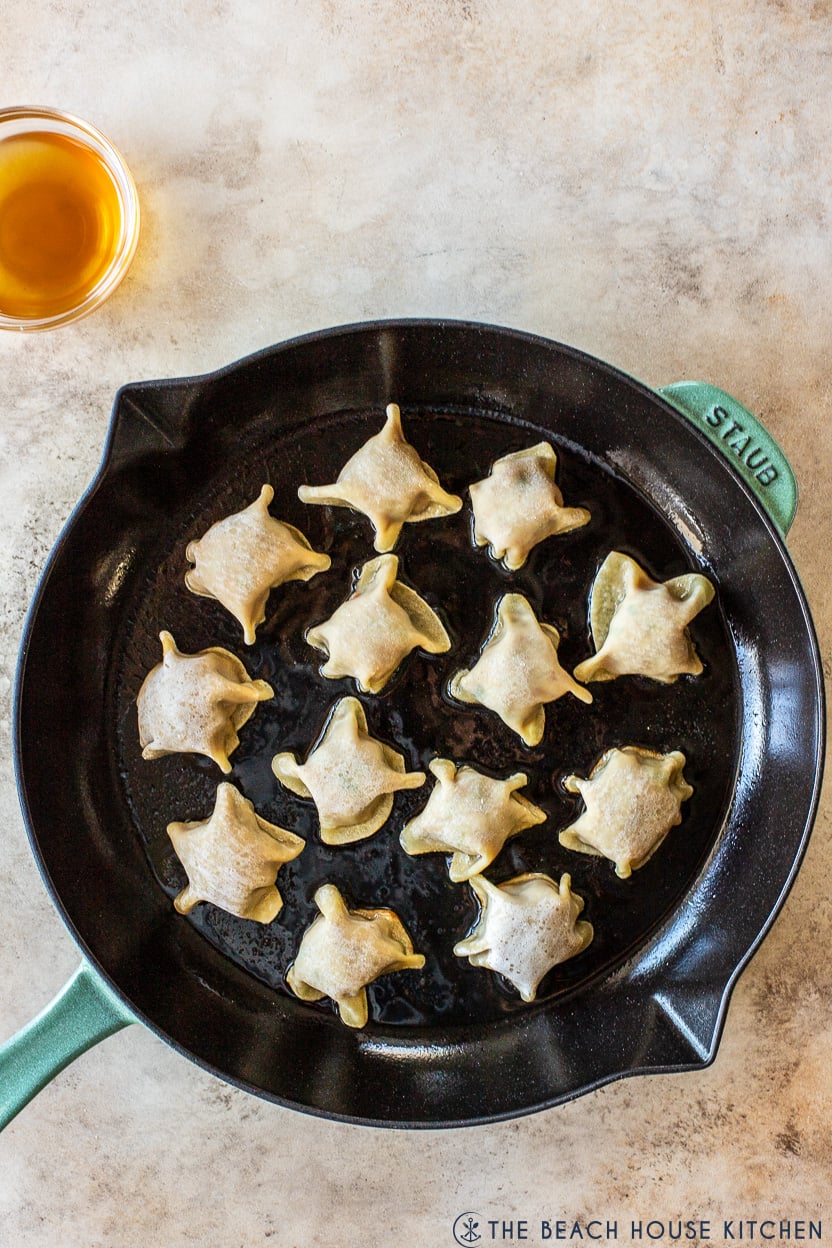 Overhead photo of a skillet of pork dumplings